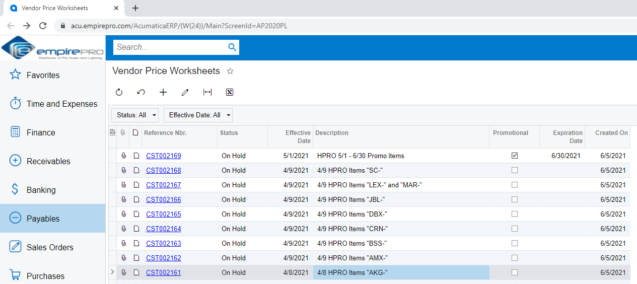 Acumatica Vendor Price Worksheets