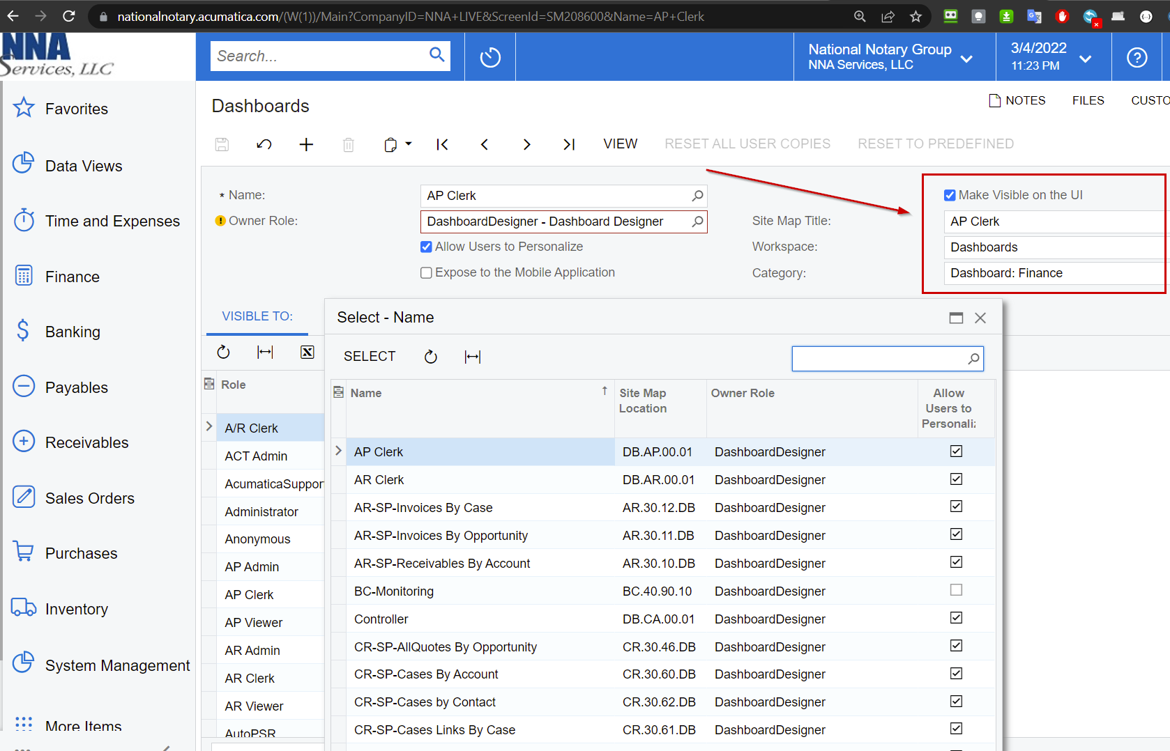 Acumatica Dashboards Sitemap